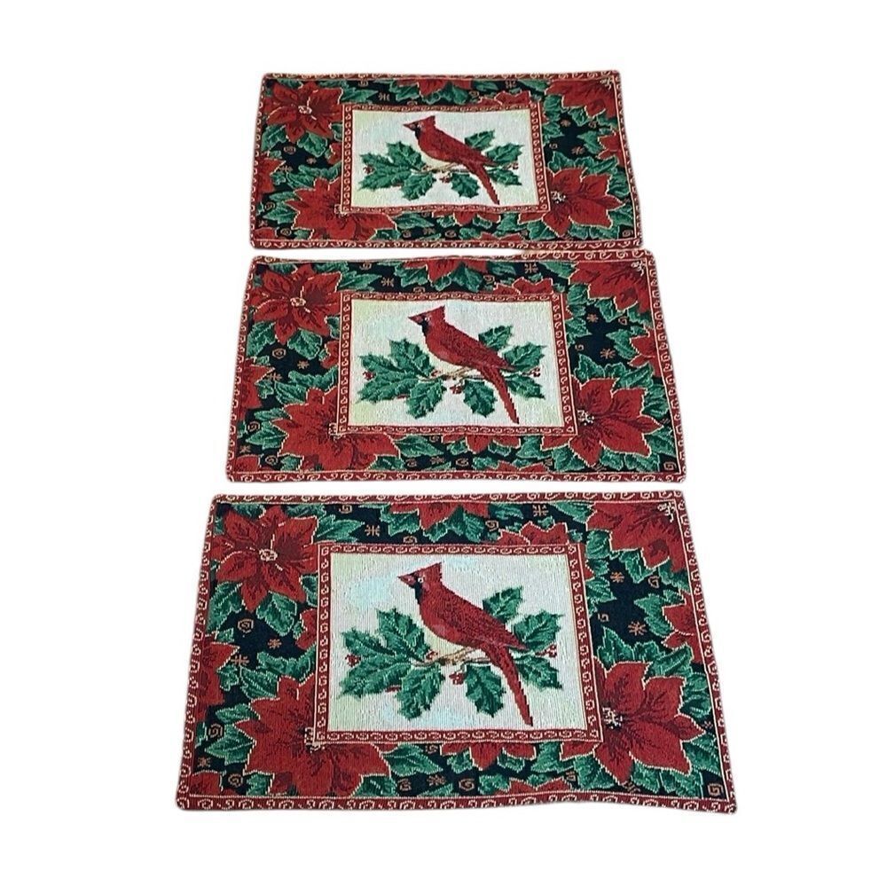 Cardinal Placemats, Vintage Christmas, set of 3, woven, Red Holiday, table mats